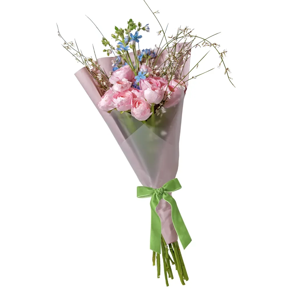 Buchet Romantic cu 15 Ranunculus Roz, Oxypetalum și Genista Parfumată
