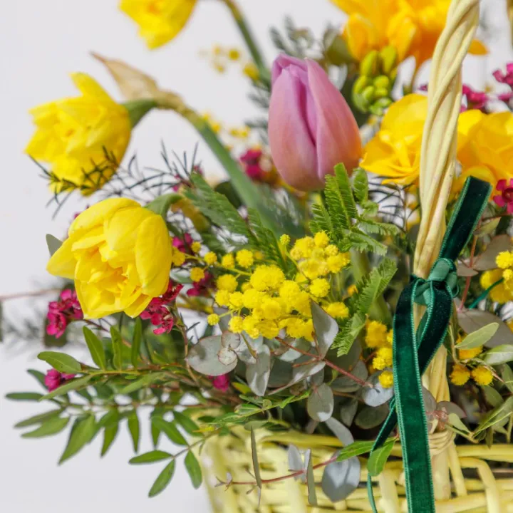 Coșuleț de Primăvară cu Narcise, Frezii și Lalele – Mix Floral Galben-Roz